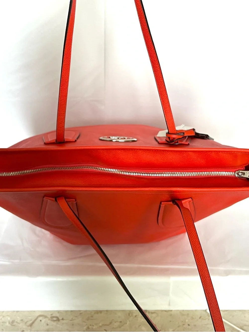 Coach Red Leather Tote with Luggage Tag and Logo Plaque
